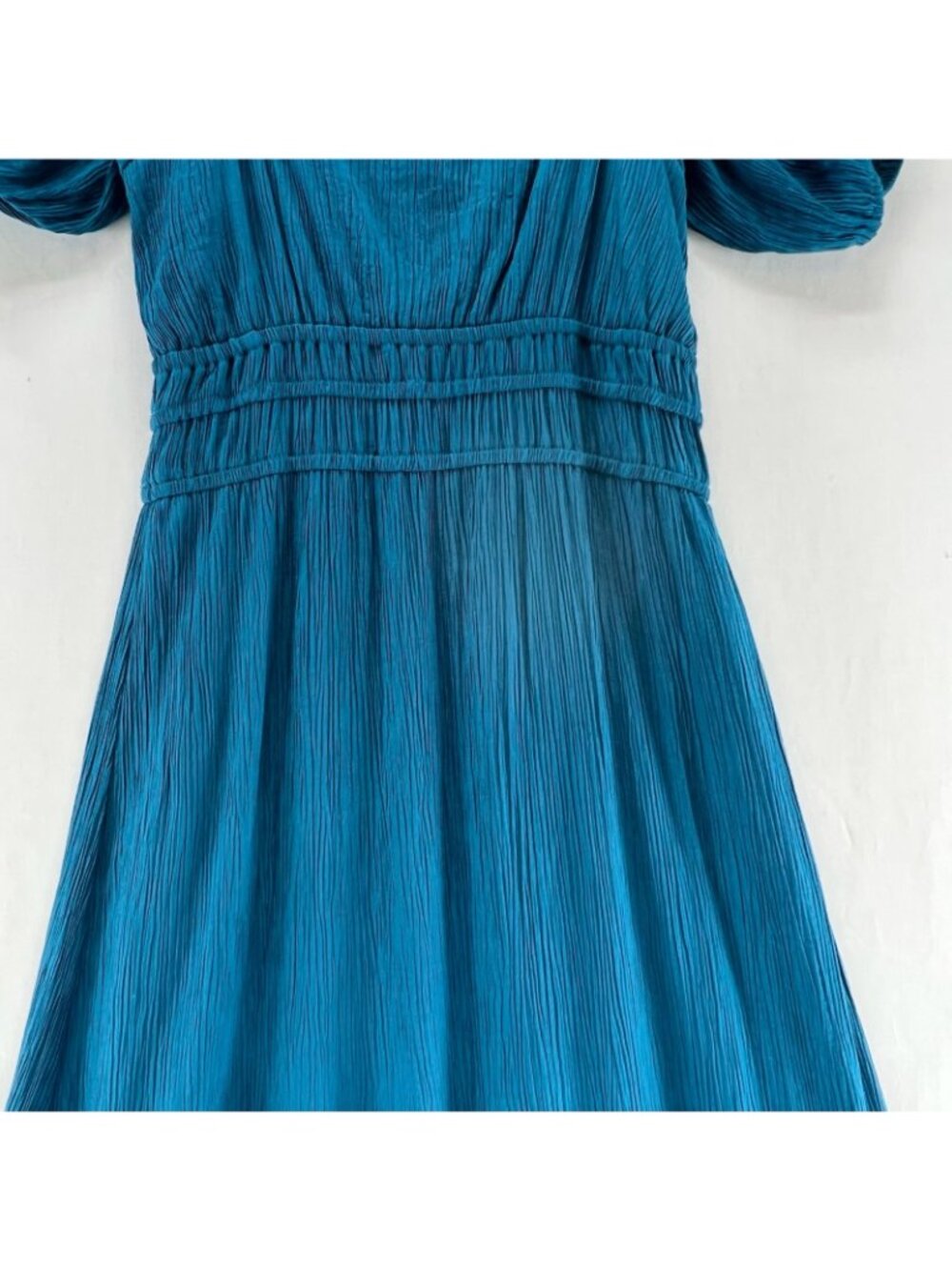 Max + Ash Crinkle Gauze Tiered Maxi Dress Womens S Smocked Puff Sleeve Teal Blue - Picture 8 of 14